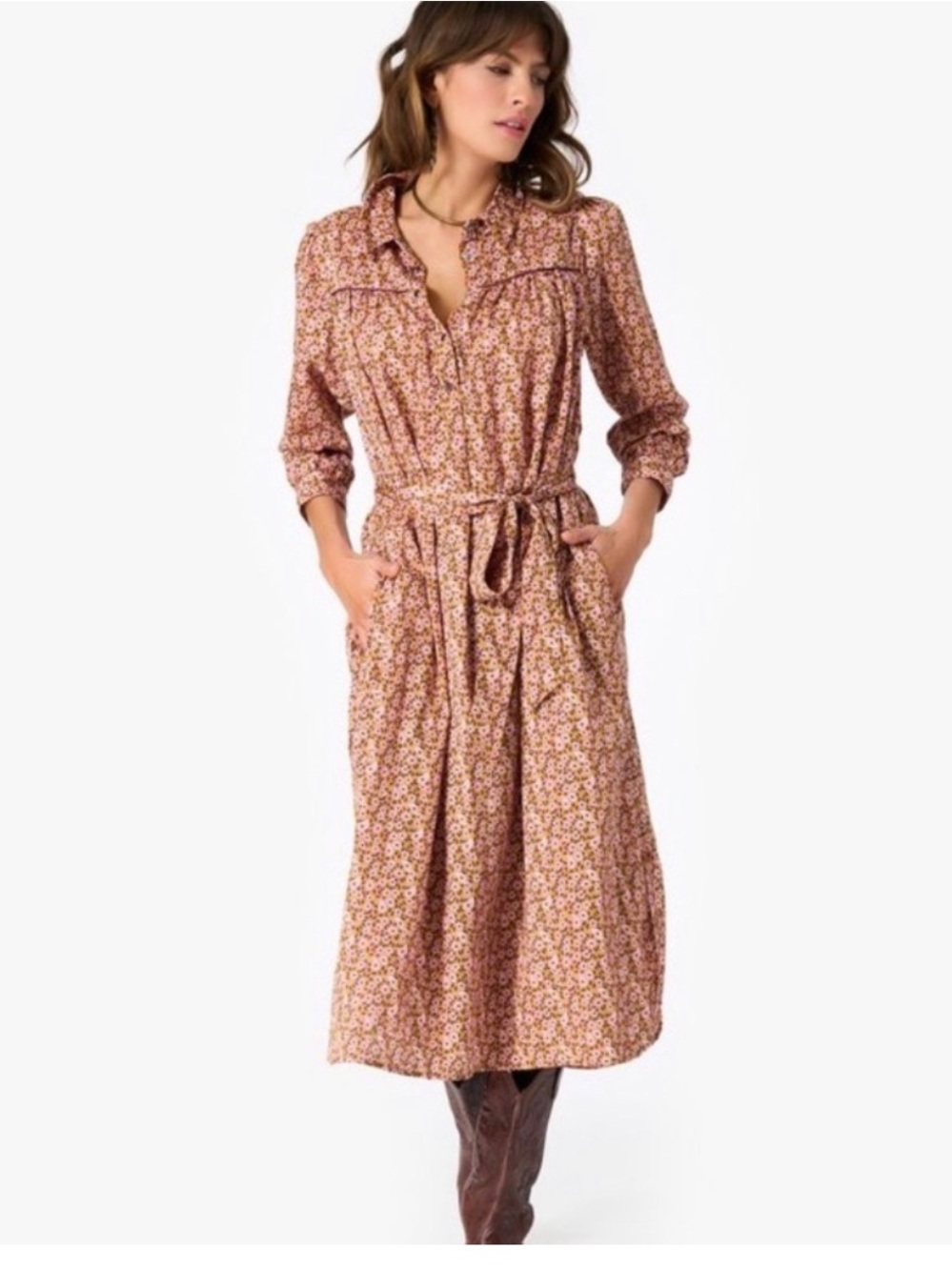 XIRENA Leah Floral Dress Midi Long Pearl Snaps Sleeves Cotton Size Medium